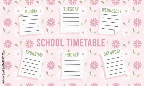 Cute kawaii printable school timetable with pink pastel floral background