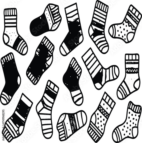 Seamless pattern with colorful striped wool socks, perfect for Christmas footwear clothing and fashion design