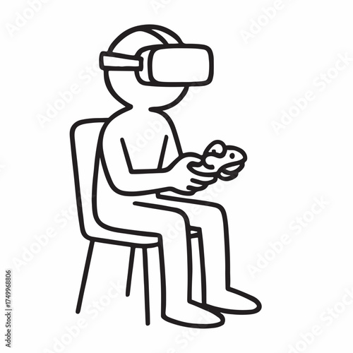 Clean minimal line art of person immersed in virtual reality game world