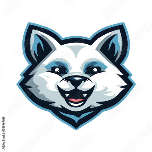 Fierce white arctic fox or wolf pup head mascot vector illustration, gaming team logo, cool avatar design