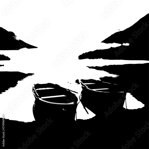 Silhouette of Two Small Wooden Boats Resting on Calm Water Surface.