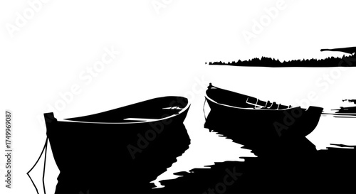 Silhouette of Two Wooden Boats Floating on Calm Water, Monochrome Style.