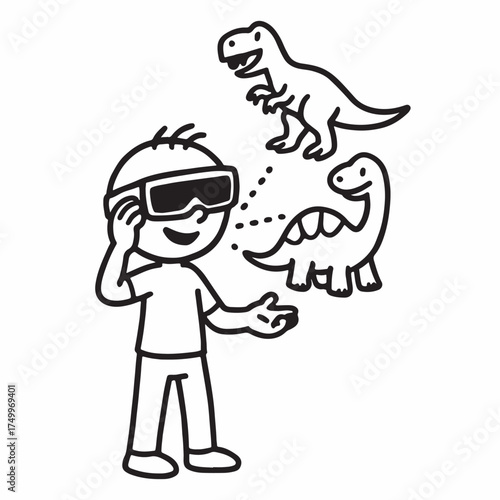 Playful child wearing augmented reality glasses encounters prehistoric dinosaurs in a fun illustration