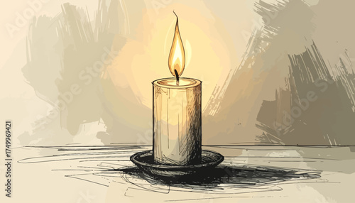 Burning candle on wooden surface with shadow