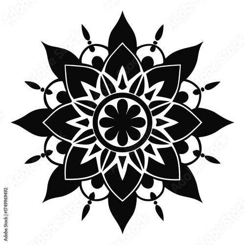 Symmetrical black mandala silhouette design with intricate geometric patterns and floral elements
