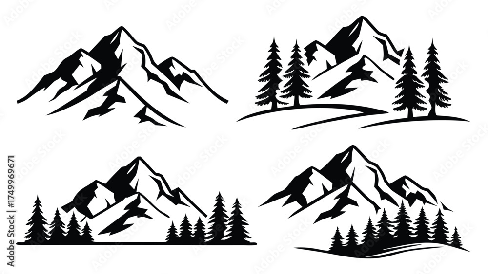 Fototapeta premium Modern minimalist mountain icons set for adventure and outdoor themes