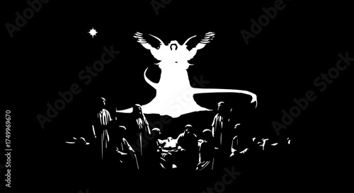 Silhouetted Angelic Figure with Outstretched Wings and Surrounding Figures.