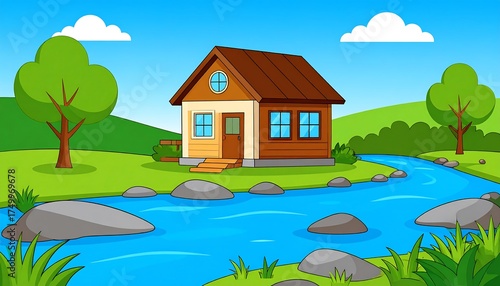 A cartoon illustration of a small house on a grassy bank beside a flowing river. Two trees and two puffy clouds are visible