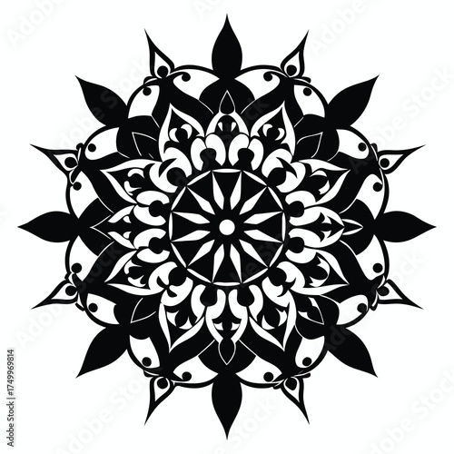 Elegant black mandala silhouette with intricate ornamental design and geometric symmetry