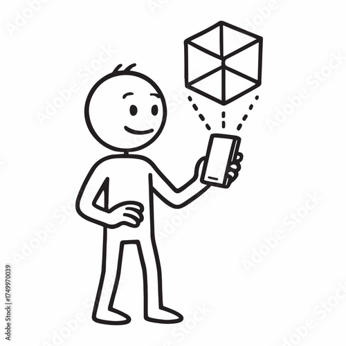 Stick figure using smartphone to display holographic 3d model in augmented reality
