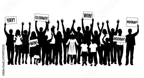 Silhouetted Crowd Celebrating Victory, Holding Signs with Positive Messages and Cheers.