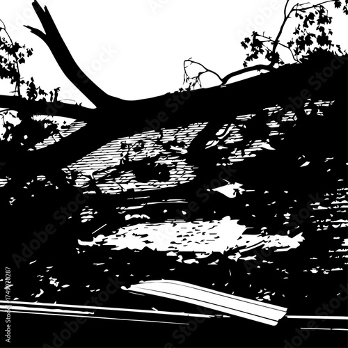 Silhouetted Fallen Tree Branch Crushing a Damaged Structure After Storm.