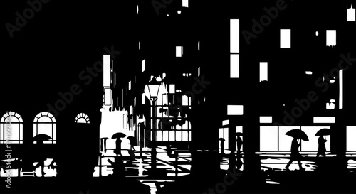 Silhouetted Figures Walking with Umbrellas in a Rainy Urban Scene.