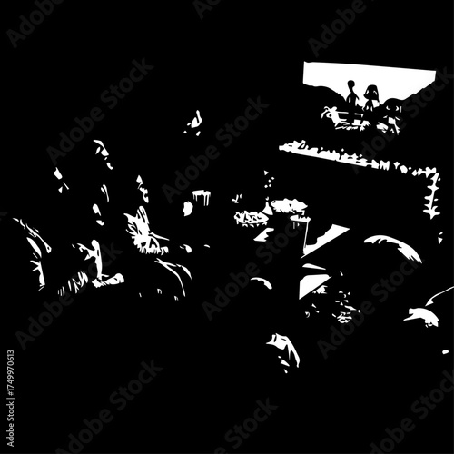 Silhouetted Group of People Gathered Indoors, Engaging in Activity, Dark Scene.