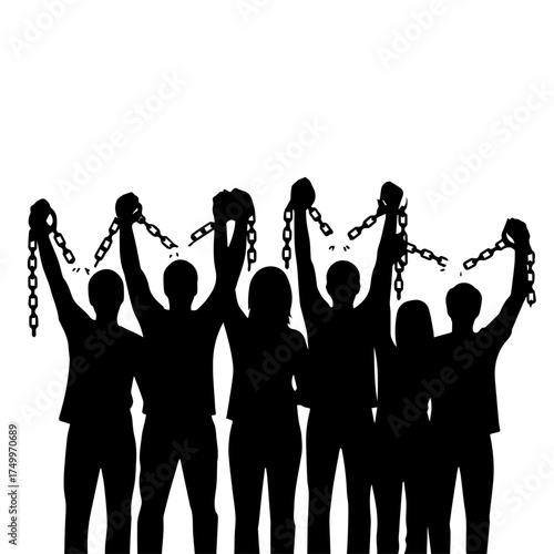 Silhouetted Group of People Raising Arms Holding Broken Chains, Symbolizing Freedom.