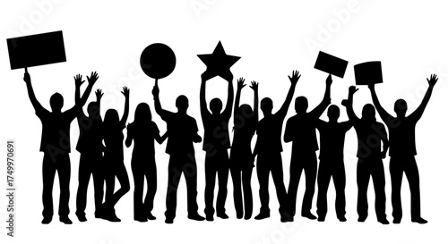 Silhouetted Group of People Raising Arms and Holding Signs, Celebrating Together.