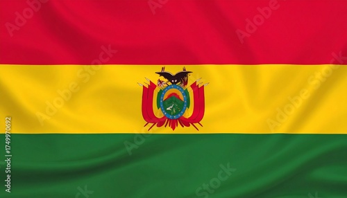 Bolivia national flag with horizontal red, yellow, and green stripes and central coat of arms featuring mountain, llama, and condor.
