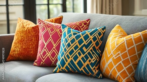Set of decorative pillows in vibrant colors and geometric patterns arranged on a large grey sofa in a chic living room adding a pop of color and texture to the modern space