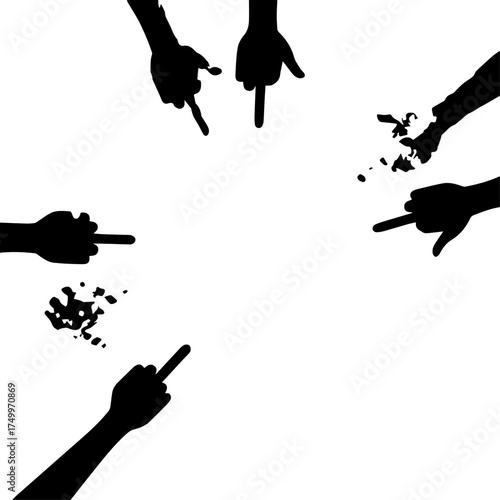 Silhouetted Hands Pointing and Gesticulating in Various Directions, Black and White.