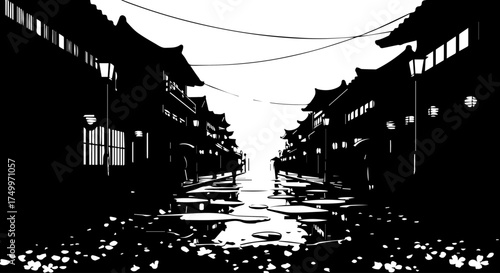 Silhouetted Japanese Street Scene with Buildings and Reflective Puddles in Monochrome.
