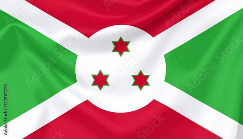 Burundi national flag with white diagonal cross dividing red and green fields, central white circle with three red six-pointed stars outlined in green.