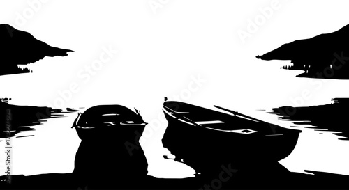 Silhouetted Rowboats Floating on Calm Water, Minimalist Black and White Art.