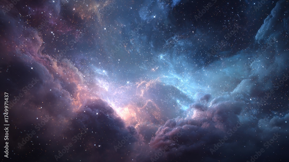 Obraz premium Vibrant cosmic nebula ablaze with stardust and ethereal glowing clouds paints a breathtaking celestial panorama