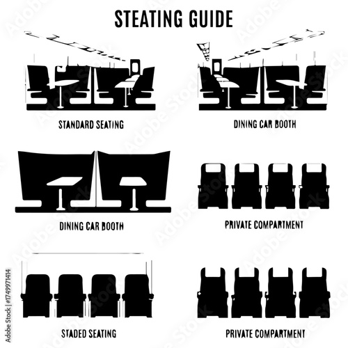 Silhouetted Train Seating Guide Showing Various Compartment and Booth Styles.