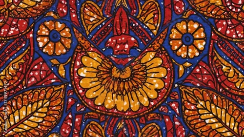 Wallpaper Mural Vibrant Floral Pattern Design - This video showcases a beautifully intricate floral pattern filled with vivid colors including bright orange, deep blue, and rich red. Torontodigital.ca
