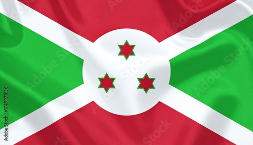 Burundi national flag with white diagonal cross dividing red and green fields, central white circle with three red six-pointed stars outlined in green.