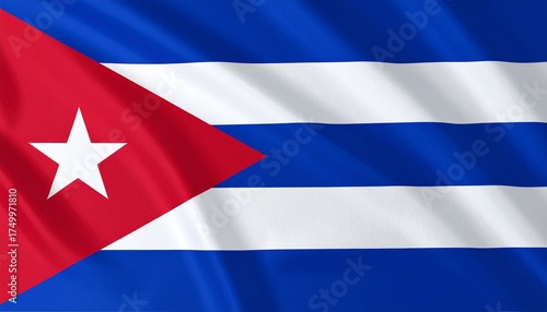 Cuba national flag with five horizontal blue and white stripes, red triangle at hoist, and white five-pointed star.
