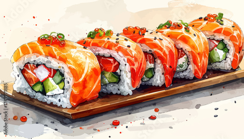 Salmon sushi rolls on wooden board