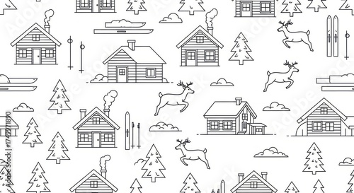 Winter Cabin Village Seamless Pattern