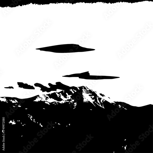 Silhouetted UFOs Hovering Above Snowy Mountain Peaks in Black and White.