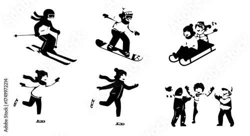 Silhouetted Winter Sports Figures - Skiing, Snowboarding, Sledding, Skating, and Playing.
