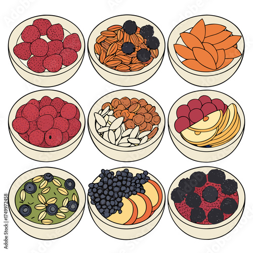 Nine bowls of healthy breakfast food