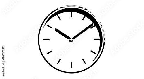 Simple Black and White Clock Illustration Showing Time with Hands and Markers.