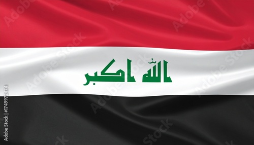 Iraq national flag with horizontal red, white, and black stripes and green Kufic script reading “Allahu Akbar” on white band.