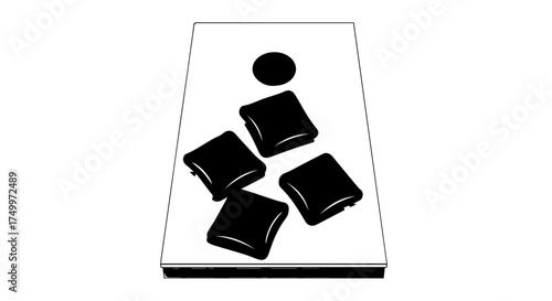 Simple Black and White Cornhole Board with Four Beanbags and a Hole.