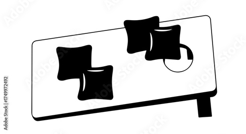 Simple Black and White Cornhole Board with Four Tossed Beanbags, Isolated.