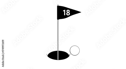 Simple Black and White Golf Flag with Number 18 and Ball.