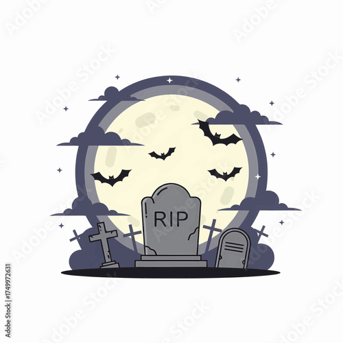 Spooky Halloween Graveyard Scene with Full Moon and Flying Bats Vector Illustration