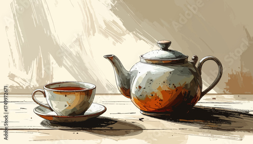Teapot and teacup on wooden table
