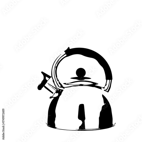 Simple Black and White Illustration of a Classic Stainless Steel Teakettle.