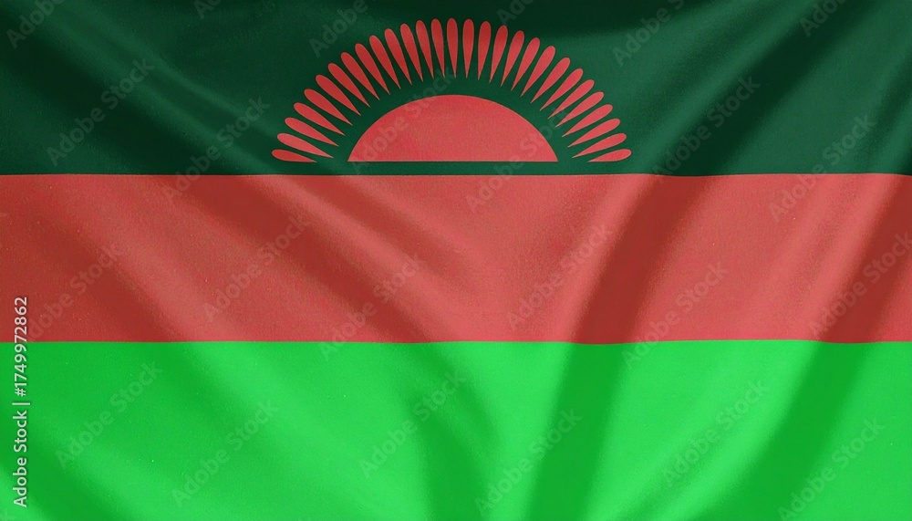 Fototapeta premium Malawi national flag with black, red, and green stripes and red rising sun with 31 rays on top stripe.