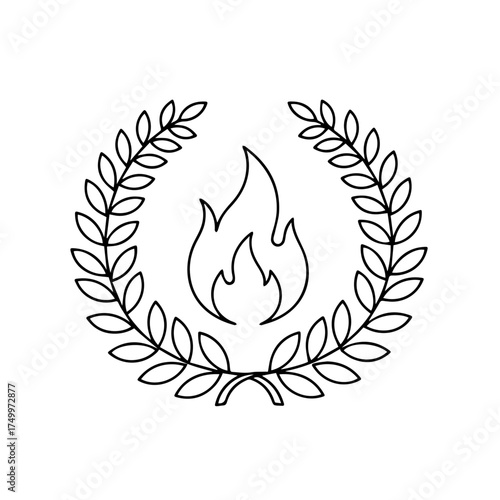 Simple Black and White Laurel Wreath with Central Flame Symbol.