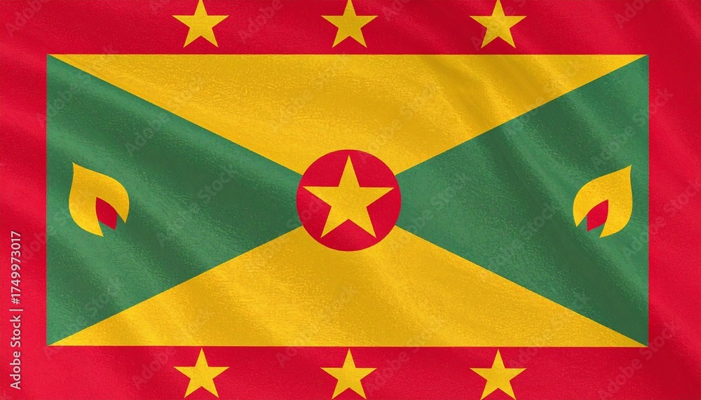 Fototapeta premium Grenada national flag with red border, six yellow stars, central red circle with star, green and yellow triangles, and nutmeg symbol—symbolizing heritage, unity, and agriculture.
