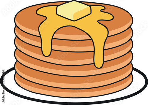 Stack of golden pancakes with melting butter and syrup vector