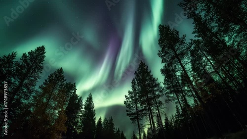 Stunning display of the Northern Lights dancing above a forest at night.