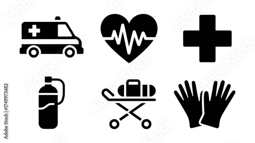 Vector art of emergency medical service icon set collection of ambulance, heart rate, cross, oxygen tank, and medical gloves